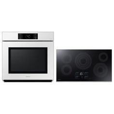 two microwave ovens side by side, one with the door open and the other with an appliance built into it