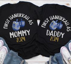 Getting ready for Hanukkah? These matching family 1st mommy and daddy Hanukkah shirts are perfect for you. These sweet shirts will be the hit of the holidays and make for some cute holiday pictures. We bet you are already figuring out how many you need. THIS LISTING IS FOR THE FESTIVE SHIRTS ONLY. Premium UNISEX T Shirt - Gildan 64000 - Durable, soft, and printed using high quality techniques that will leave you with a lasting products. All adult sizes are this brand shirt. Bella Canvas and Baby Sweet Shirts, Hanukkah Shirts, Papa Shirts, Sweet Shirt, Festival Shirts, Holiday Pictures, Family First, Jolie Photo, Branded Shirts