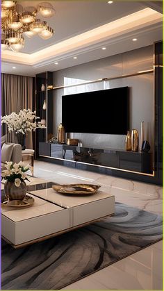 an elegant living room with modern furniture and large screen tv on the wall behind it