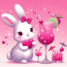 a bunny holding a heart next to a cocktail