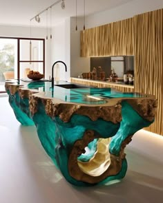 an unusual table in the middle of a kitchen with blue and gold paint on it