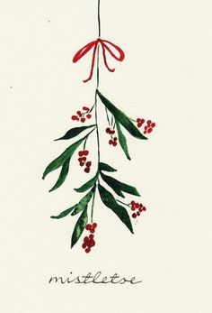 a watercolor painting of mistle berries hanging from a red ribbon