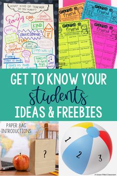 four images with the words get to know your students ideas and freebies on them