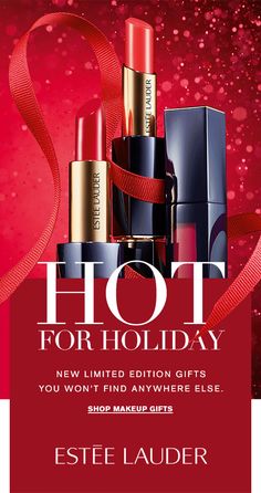 an advertisement for the holiday sale with lipsticks in red and gold on a red background