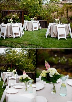 the table is set up with white chairs and flowers in vases on top of them