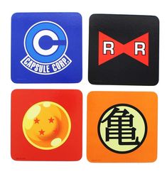 four coasters with different logos on them in the shape of letters, symbols and numbers