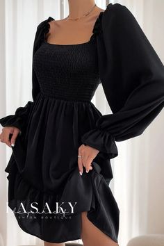 Lasaky - Chic and Elegant Long-Sleeved V-Neck Dress with Delicate Ruffled Hem and Flattering High Waist Clothes Teen, Long Sleeve Ruffle Dress, Butterfly Sleeve Dress, Women's A Line Dresses, Backless Midi Dress, Boho Summer Dresses, High Waist Dress, Body Con Dress, Ruffle Hem Dress