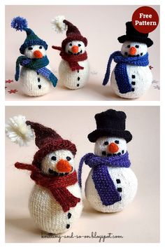 crocheted snowmen with hats and scarves are shown in three different views