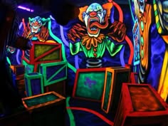 an image of a brightly lit room with clowns on the walls and in the background