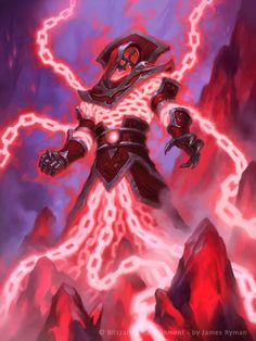 a cartoon character standing on top of a mountain with lightning coming out of his chest