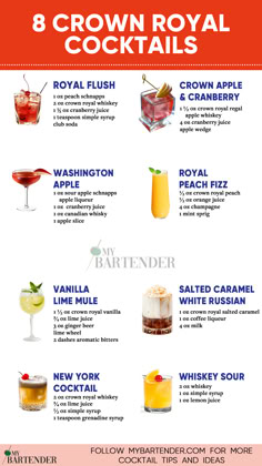 Crown Royal Cocktails Crown Drinks Cocktails, Classic Whiskey Cocktails, Vanilla Crown Royal Drinks Recipes, Crown Cocktails, Drinks With Peach Crown Royal, Cocktails With Whiskey, Peach Crown Royal Cocktail Recipes, Cocktails With Crown Royal Vanilla, Crown Whiskey Drinks