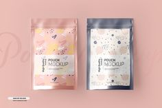 two bags of coffee sitting next to each other on a pink background with the words pulch mockup