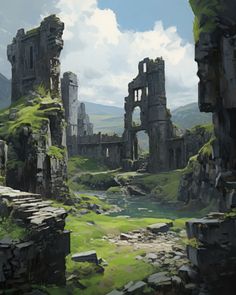 an artistic painting of ruins in the mountains