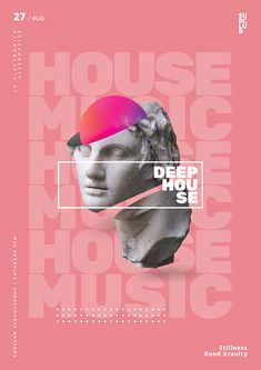 a pink poster with the words house music and an image of a woman's head