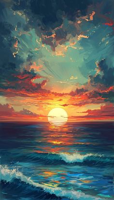 a painting of the sun setting over the ocean