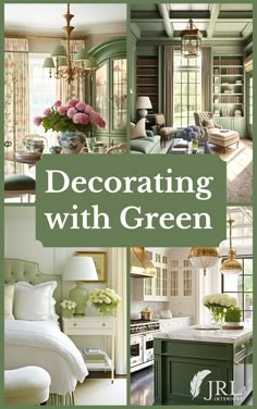 the cover of decor with green is shown in three different pictures, including a kitchen and living room