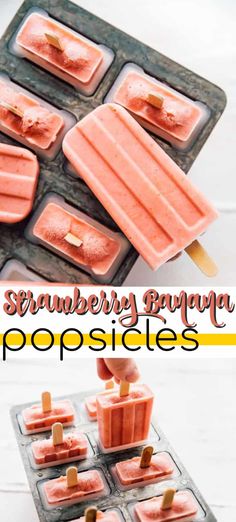 strawberry banana popsicles on a baking tray with the title overlay reading, strawberry banana popsicles