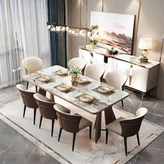 a dining room table with white chairs and plates on it, in front of a large window