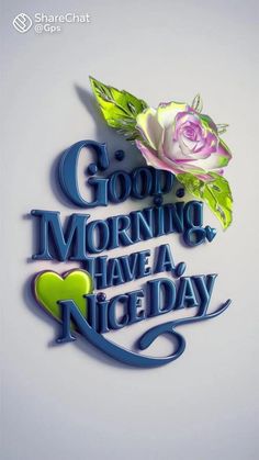 the words good morning have a nice day are shown in blue and green letters with a rose on top