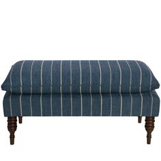 a blue striped bench with wooden legs