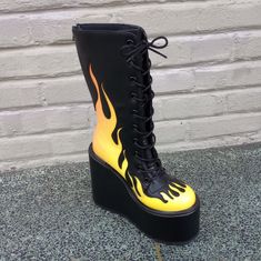 This Yru Dune Lace-Up Yellow Flame Platform Is A Calf High Boot With Front Lacing, Back Zipper, 2.75" Platform And 6" Heel. #Yru #Yrudune #Yruduneflame #Duneyellowflame Pink Platform Boots, Yru Shoes, Strappy Platform Heels, Platform Creepers, Calf High Boots, Platform Heels Boots, Pink Platforms, Black Platform Shoes, Yellow Shoes