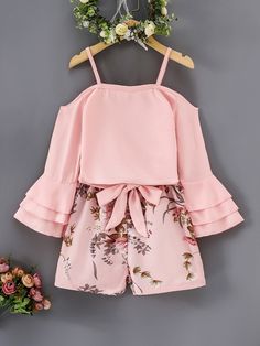 Rosa Bohemio Collar manga larga  Floral  Embellished No-Elástico  Ropa de Niñas Puff Sleeve Top And Skirt, Shein Kids, Kids Dress Wear, Diy Vetement, Summer Outfits Kids, Cute Dress Outfits, Dresses Kids Girl, Cold Shoulder Top