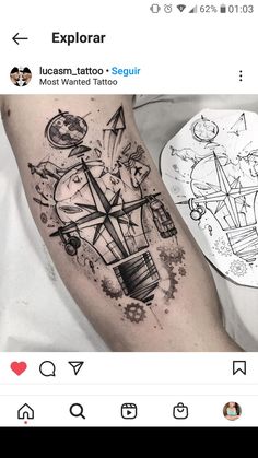 a person with a tattoo on their arm that has an image of a clock and other things