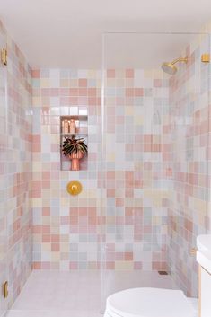 a white toilet sitting next to a walk in shower under a bathroom mirror on top of a tiled wall