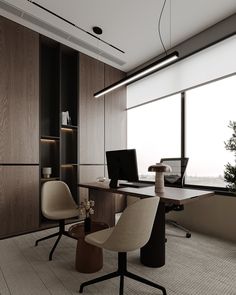 an office with a desk and chair in front of a large window overlooking the city