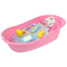 a pink bath tub with toys in it