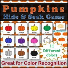 the pumpkins hide and seek game is great for kids to practice their color recognition skills