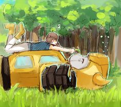 a drawing of a man sitting on top of a yellow car in the grass with trees behind him