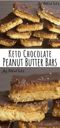 chocolate peanut butter bars stacked on top of each other with the words, keto chocolate peanut butter bars