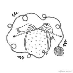 a black and white drawing of a hand holding a ball of yarn with the string attached to it