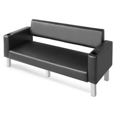 a black bench sitting on top of a white floor next to a metal leg rest