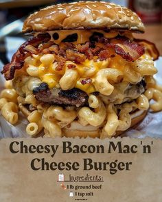 a cheeseburger with bacon and macaroni on it