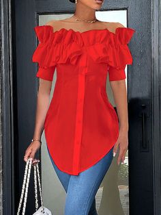 Plus Size Elegant Cold Shoulder Short Sleeve Regular Fit Plain Blouse Curved Hem Top, Creative Clothing, Patchwork Top, Plain Blouse, Chic Blouses, Elegant Blouses, Ruffle Shirt, Weave Style, Plus Size Maxi Dresses