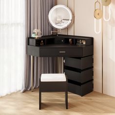 a black vanity table with mirror and stool in front of it on a hard wood floor