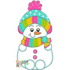 a snowman wearing a colorful hat and scarf