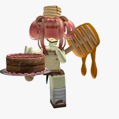 a cartoon character holding a cake on top of a wooden spatula next to a slice of cake