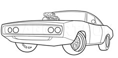 a cartoon car with the hood up and wheels down, outlined in black and white