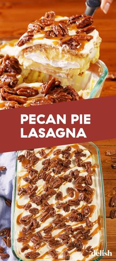 pecan pie lasagna in a glass dish