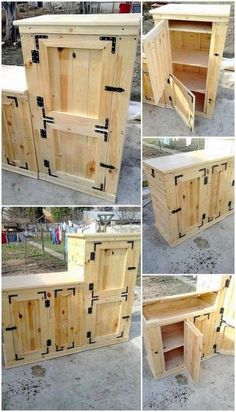 several pictures of the doors and drawers on a wooden cabinet that is being built into a wall