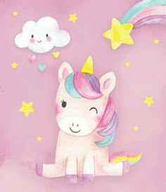 a watercolor painting of a unicorn with stars, clouds and a rainbow on a pink background