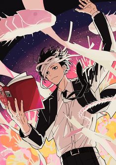 an anime character holding a book in his hands