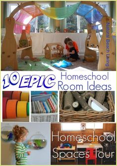 a collage of different homeschool rooms and spaces for kids to play in