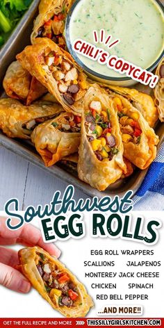 the advertisement for chili's copycatch shows egg rolls with vegetables and dipping sauce