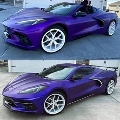 two pictures of a purple sports car with white wheels and chrome rims, one showing the