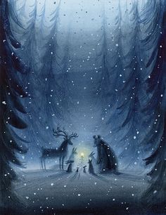 a painting of some animals in the snow at night with lights shining on their faces