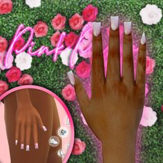 a woman's hand with white nails and pink flowers in the background, next to a photo of her hands